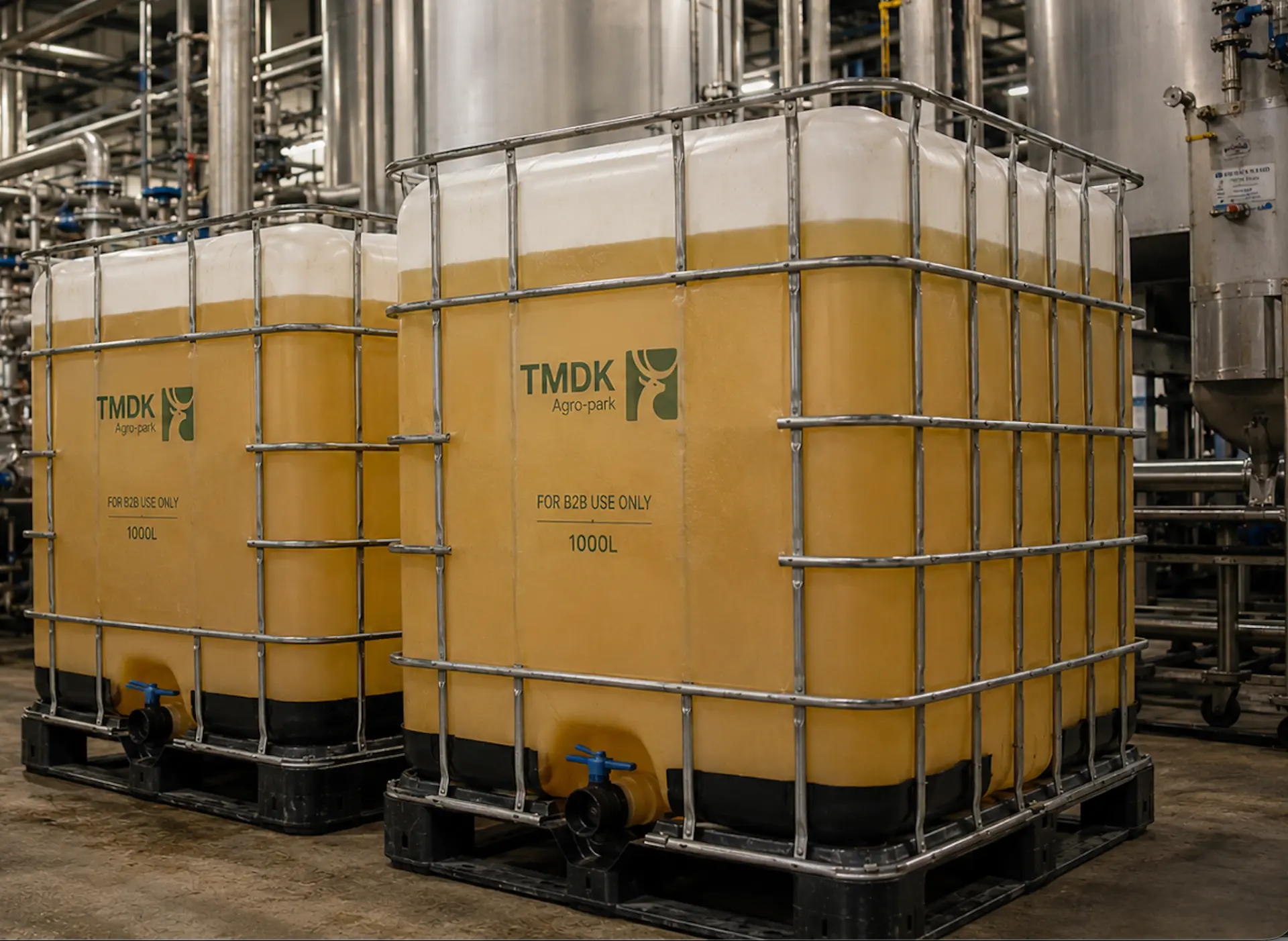 TMDK Agro-park 1000L IBC totes of crude soya oil in the refinery hall
