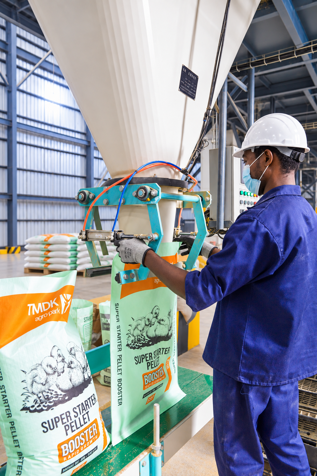 TMDK worker bagging Super Starter Pellet Booster at the feed mill