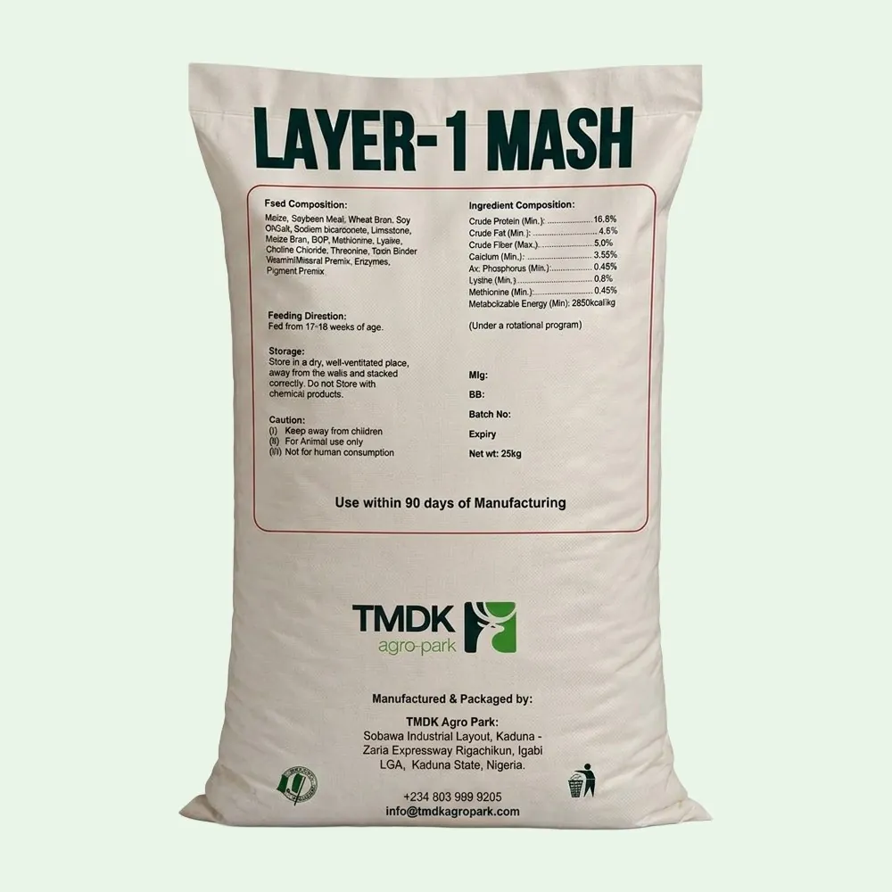 TMDK Layer-1 Mash 25kg poultry feed sack, back of pack
