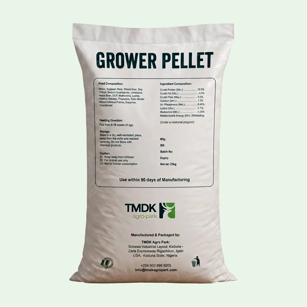 TMDK Grower Pellet 25kg poultry feed sack, back of pack