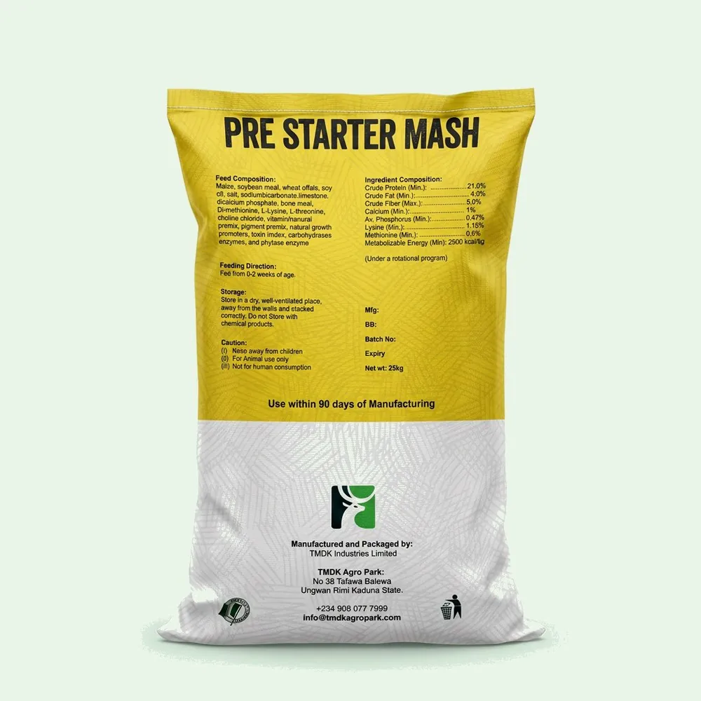 TMDK Pre Starter Mash 25kg poultry feed sack, back of pack
