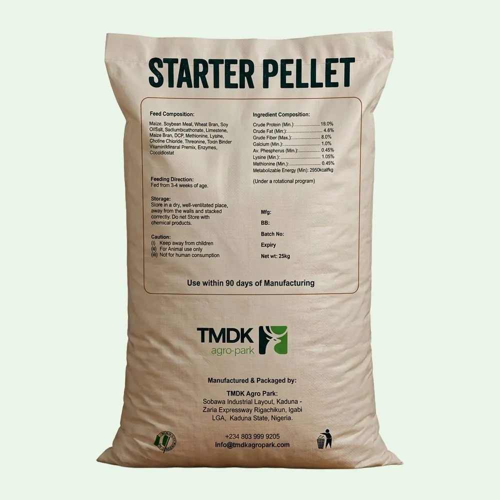 TMDK Starter Pellet 25kg poultry feed sack, back of pack