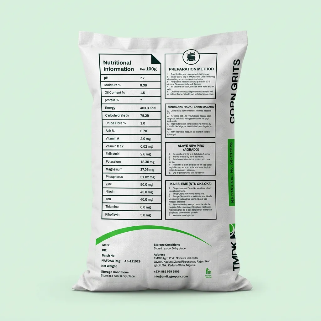TMDK Corn Grits 50kg sack back with nutritional information