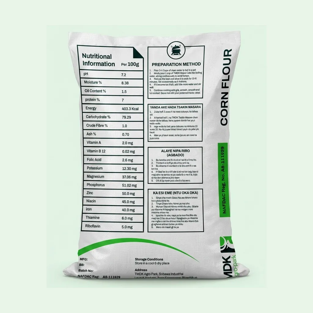 TMDK Corn Flour 50kg sack back with nutritional information