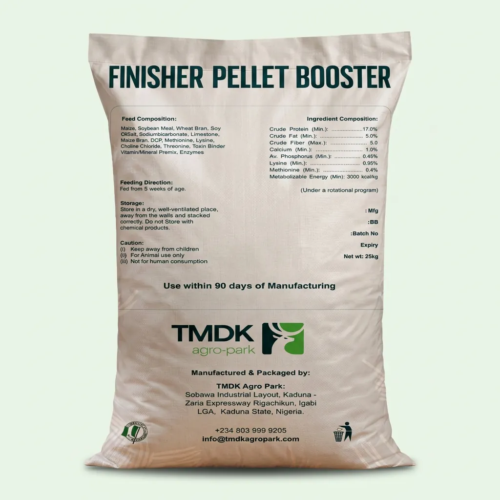 TMDK Finisher Pellet Booster 25kg poultry feed sack, back of pack