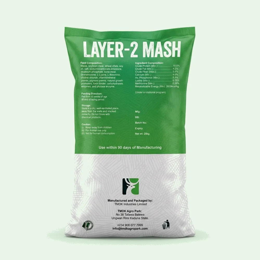 TMDK Layer-2 Mash 25kg poultry feed sack, back of pack