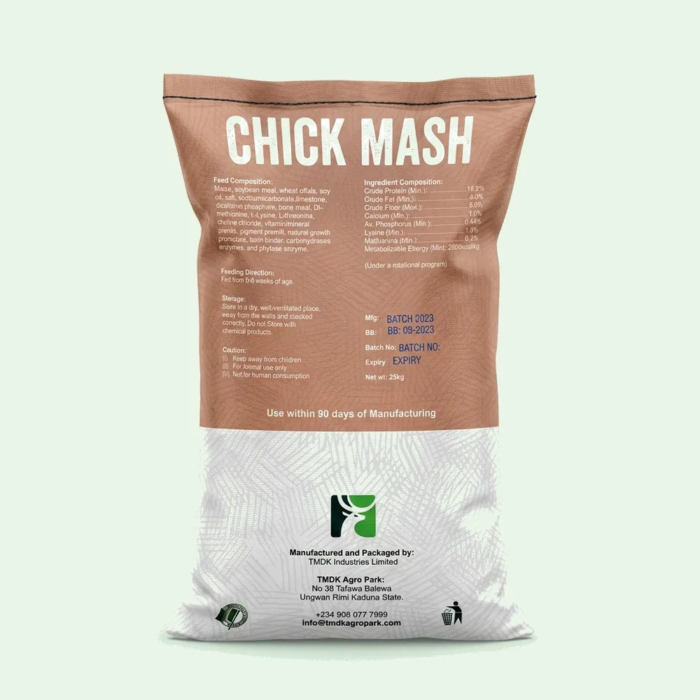 TMDK Chick Mash 25kg poultry feed sack, back of pack
