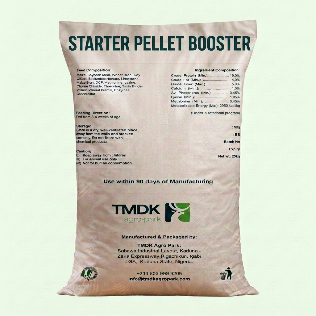 TMDK Starter Pellet Booster 25kg poultry feed sack, back of pack