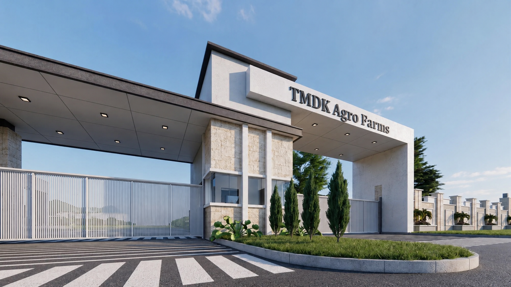 TMDK Agro Farms entrance gate during the day