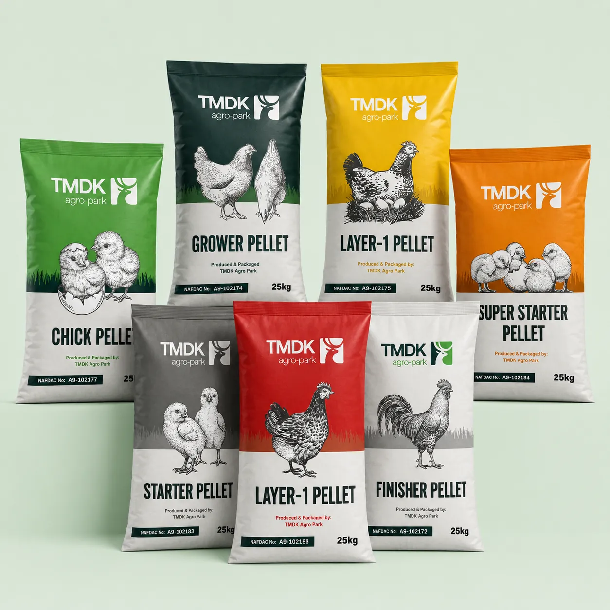 TMDK poultry feed range: Chick Pellet, Grower Pellet, Layer-1 Pellet, Super Starter Pellet, Starter Pellet and Finisher Pellet