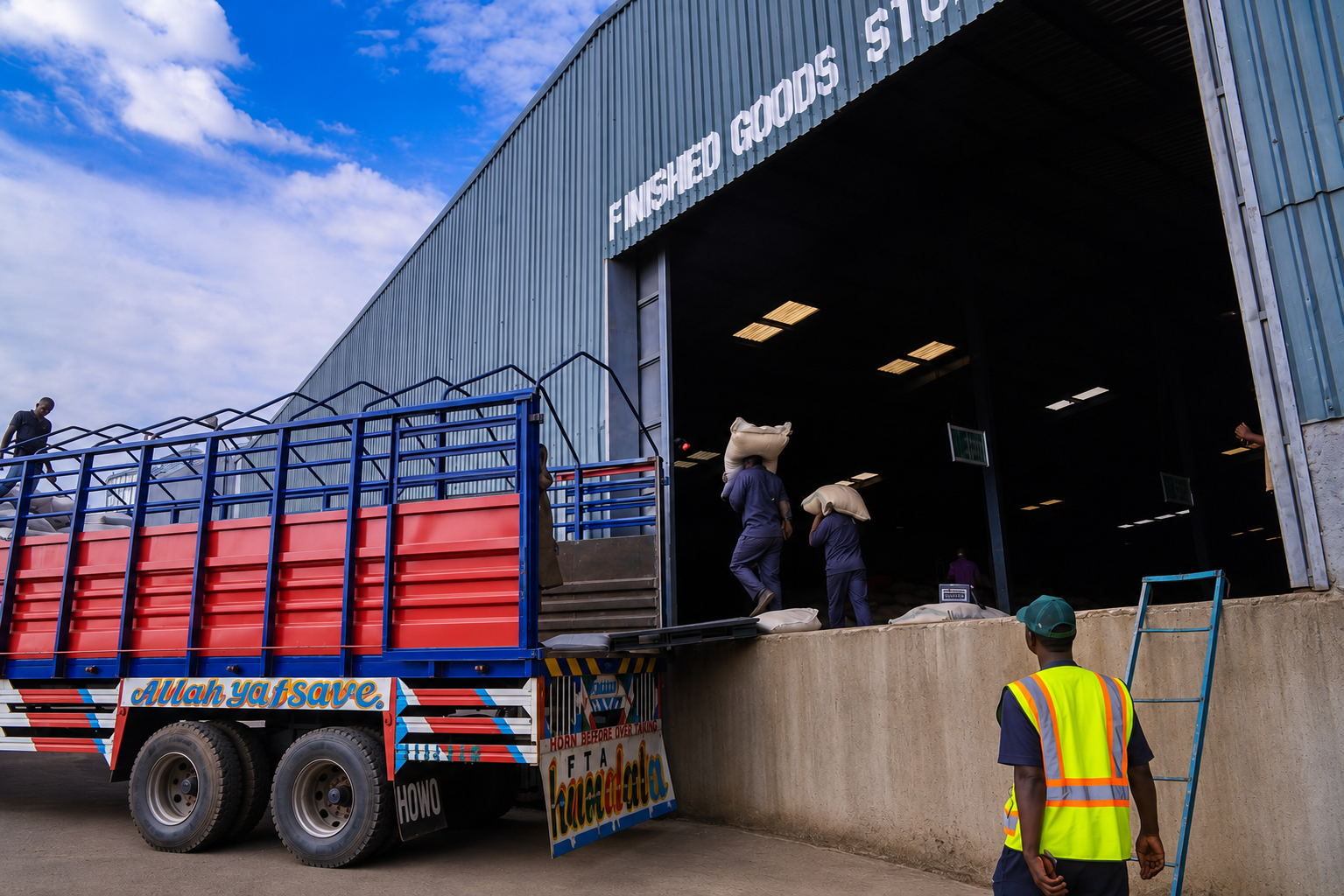 Workers loading finished goods sacks from the warehouse onto a truck