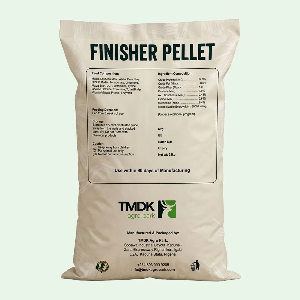 TMDK Finisher Pellet 25kg poultry feed sack, back of pack