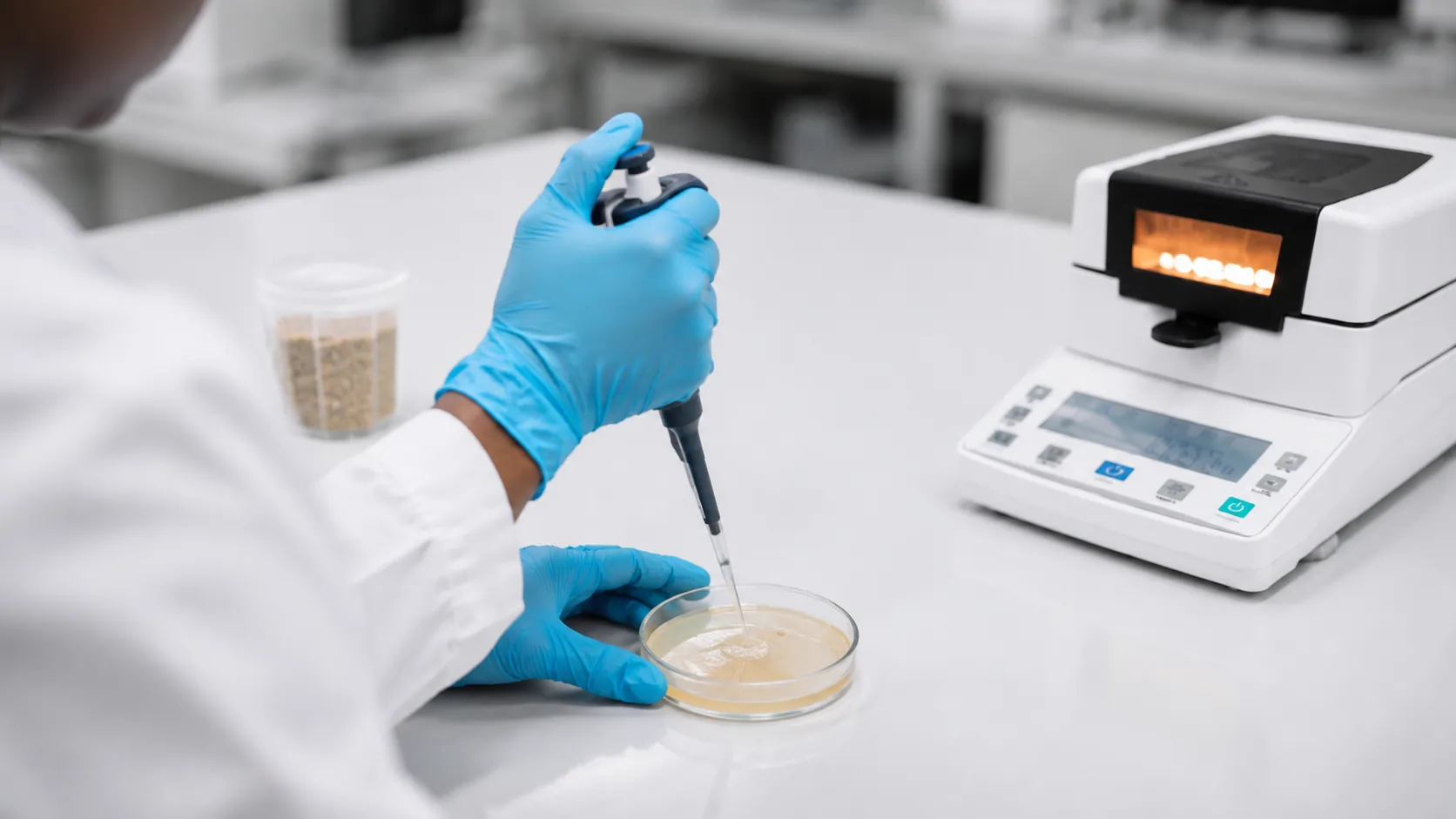 Technician conducting on-site quality control testing in the TMDK Agro Park laboratory