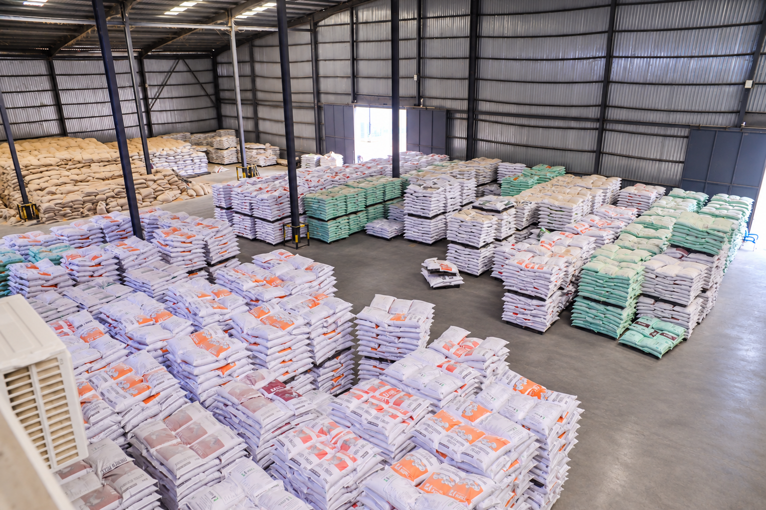 Stacked product sacks inside the TMDK Agro Park warehouse