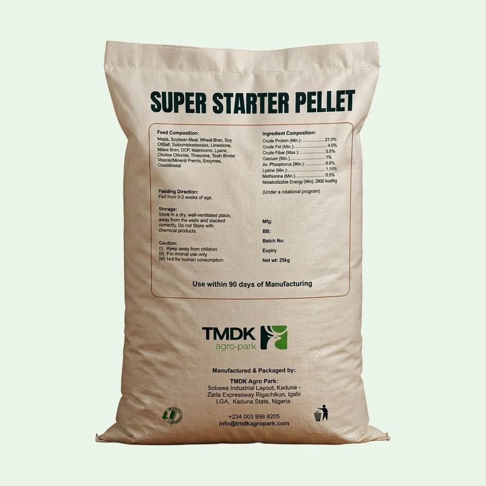 TMDK Super Starter Pellet 25kg poultry feed sack, back of pack