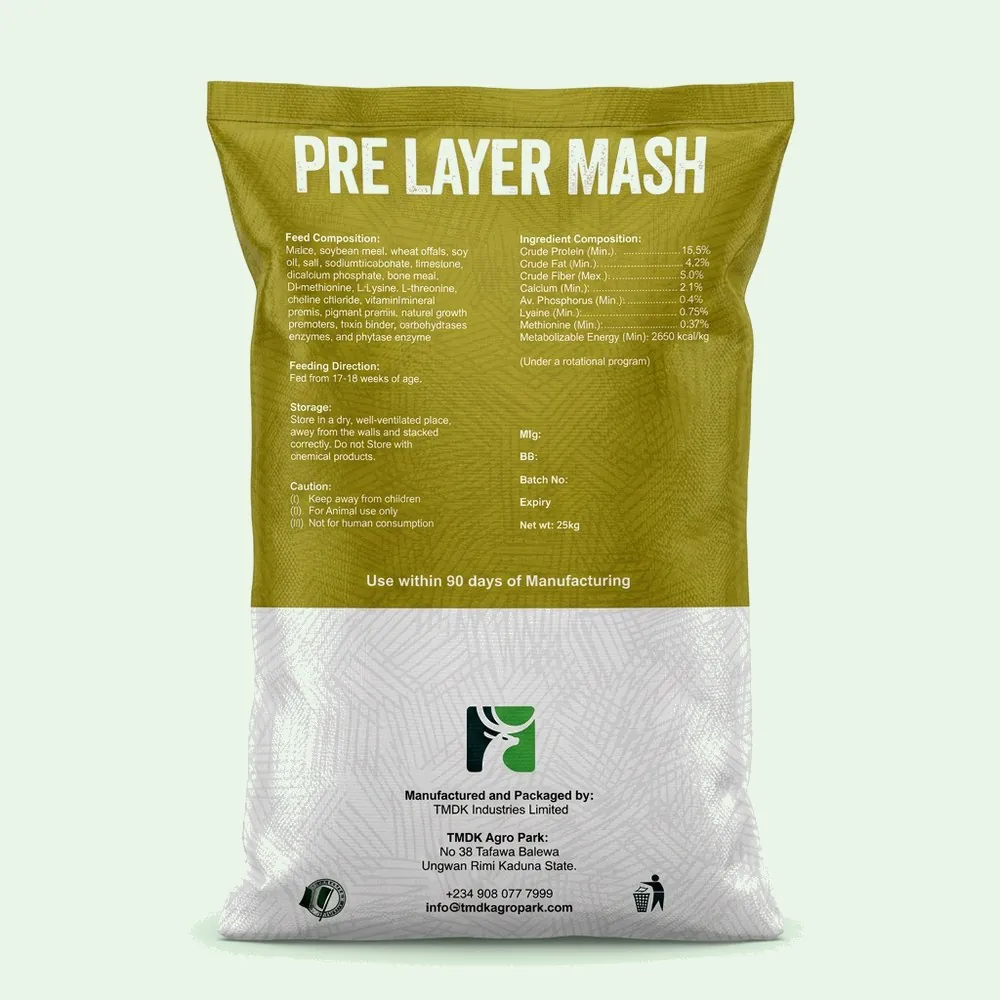 TMDK Pre Layer Mash 25kg poultry feed sack, back of pack