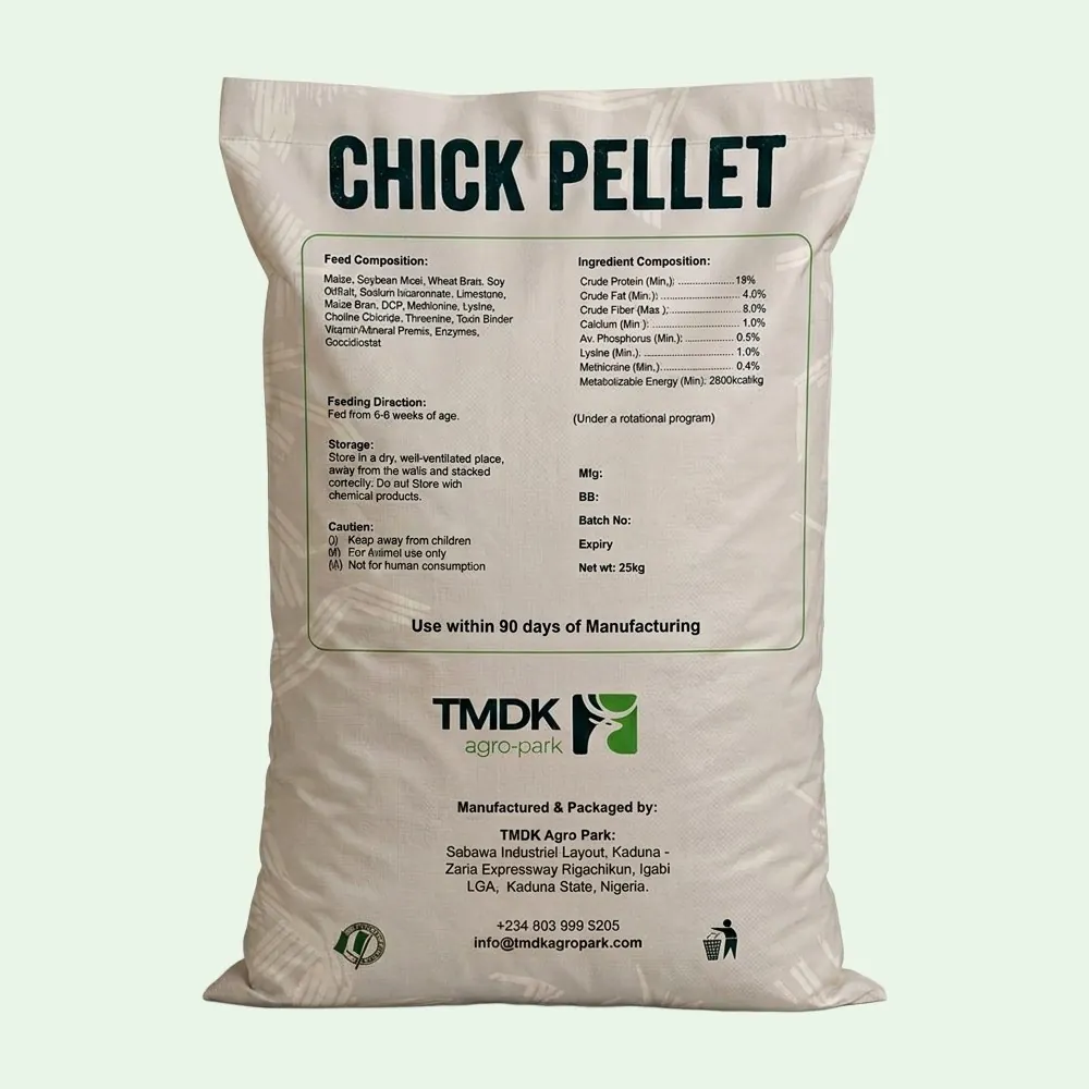TMDK Chick Pellet 25kg poultry feed sack, back of pack