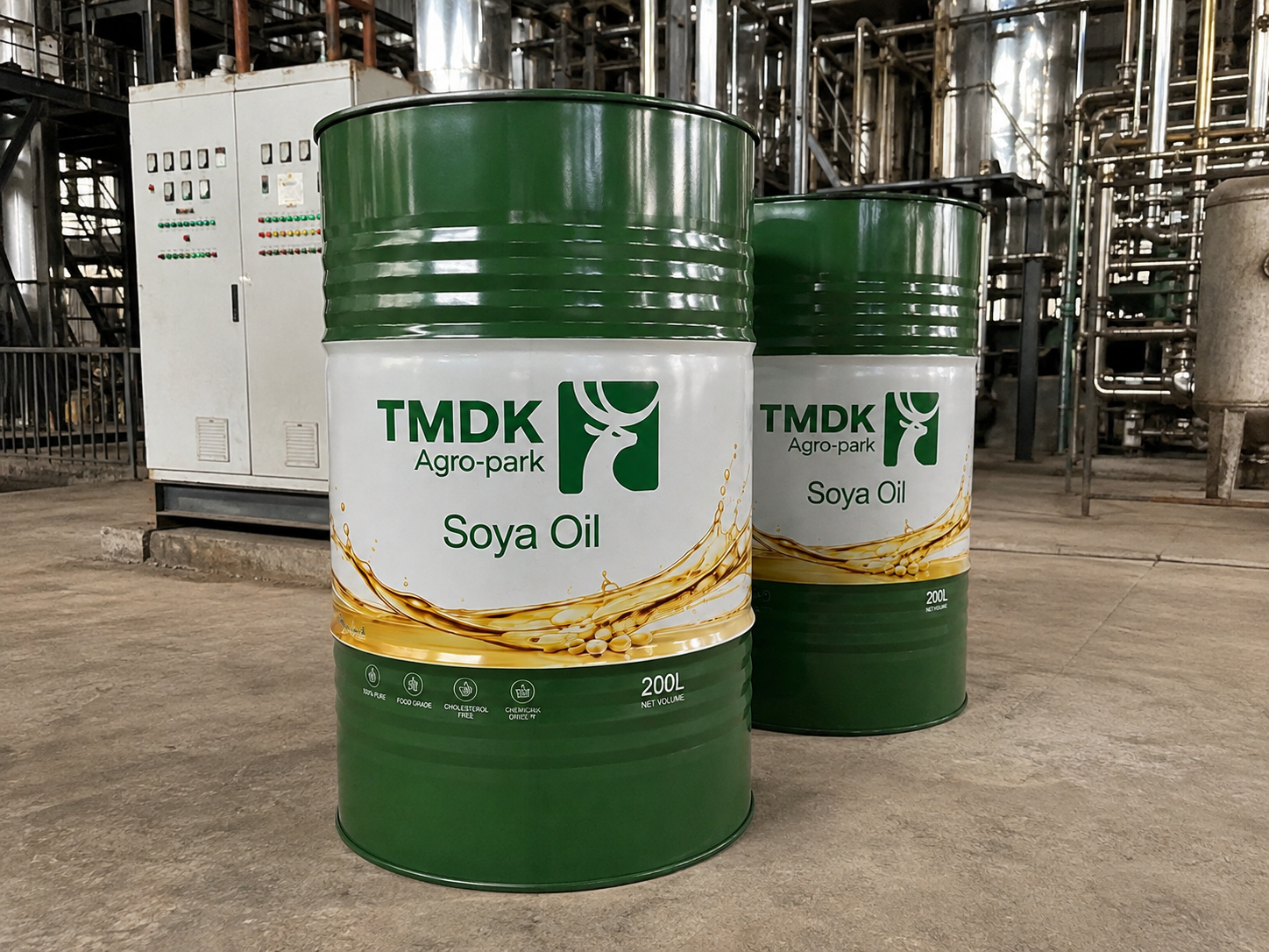 TMDK Agro-park 200L Soya Oil drums in the refinery hall