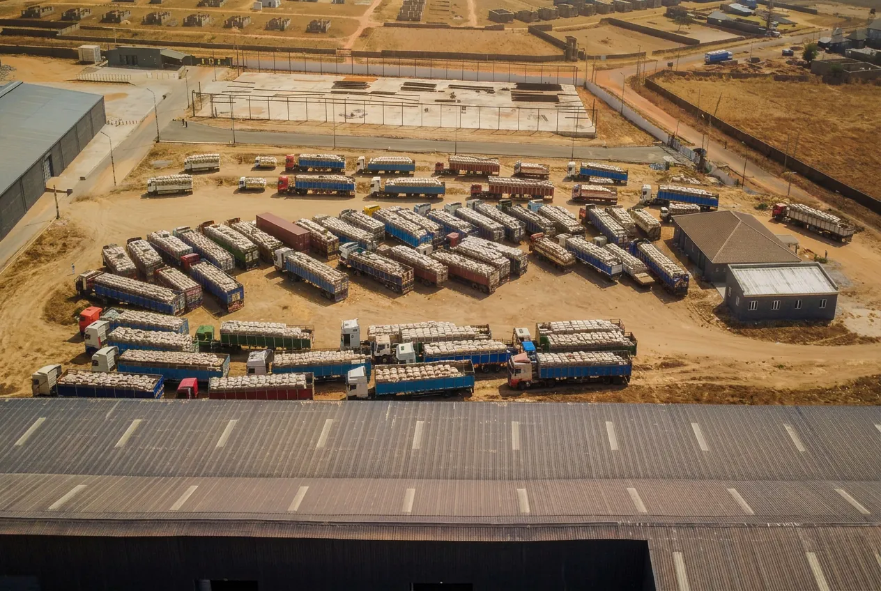 Aerial view of loaded haulage trucks in the yard at TMDK Agro Park