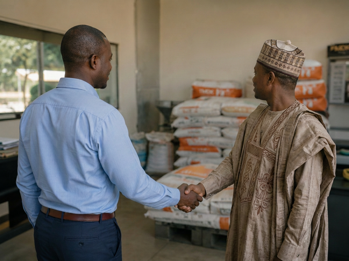 A TMDK Agro Park team member shaking hands with a distributor beside stacked feed sacks