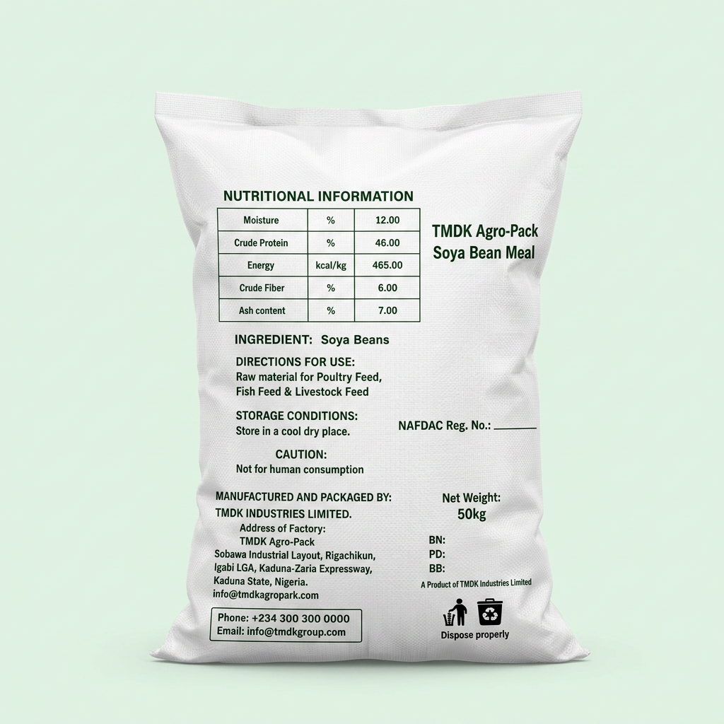 TMDK Soyabean Meal 50kg sack, back of pack with nutritional panel