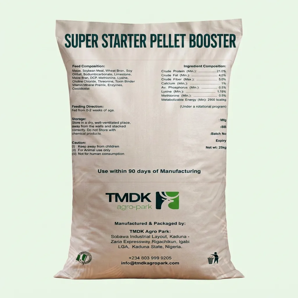 TMDK Super Starter Pellet Booster 25kg poultry feed sack, back of pack
