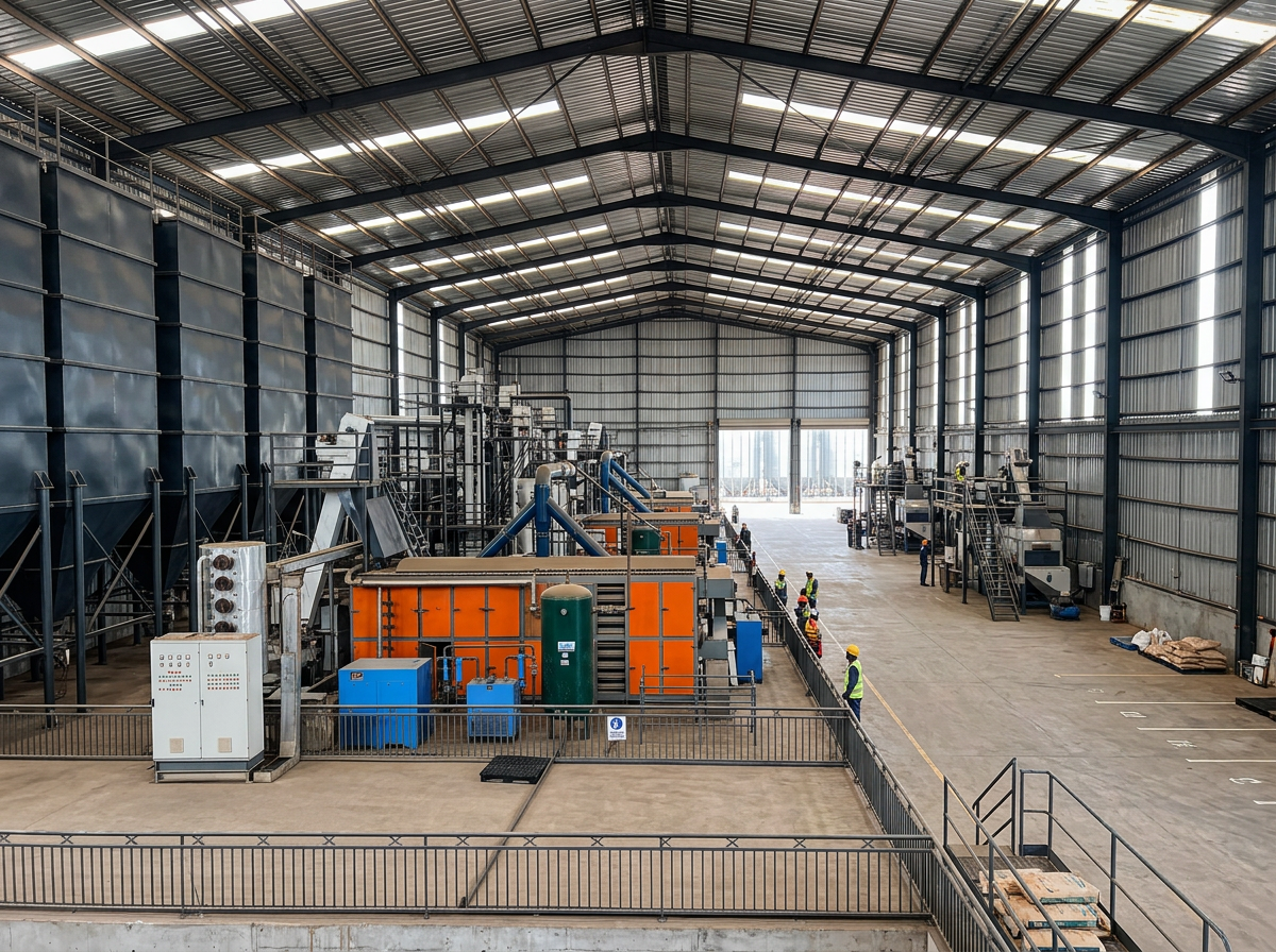 TMDK oil processing hall with boiler, compressors and press line
