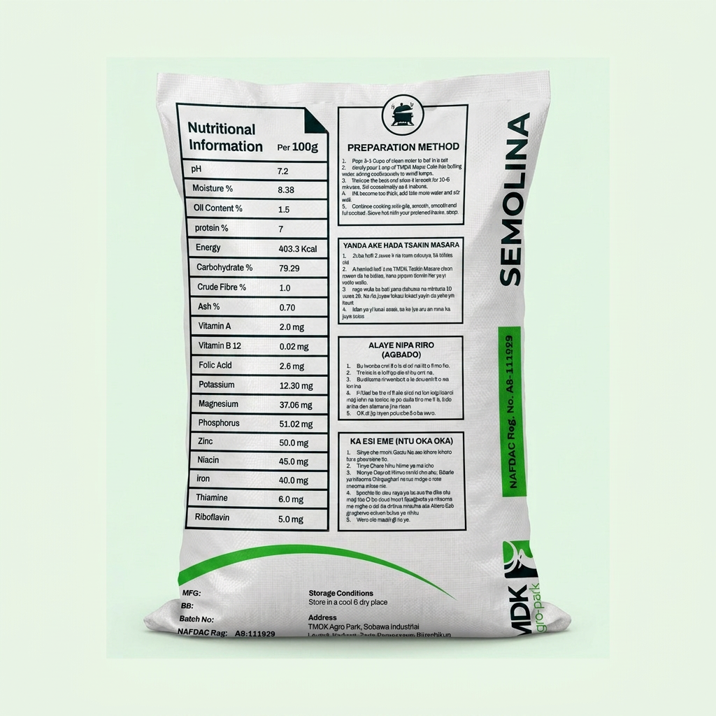 TMDK Semolina 50kg sack back with nutritional information